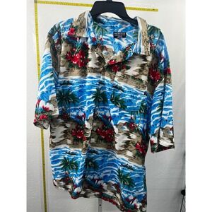 Pacific & Co Mens XL Hawaiian Aloha Shirt Blue Tropical Floral Palm Tree Beach